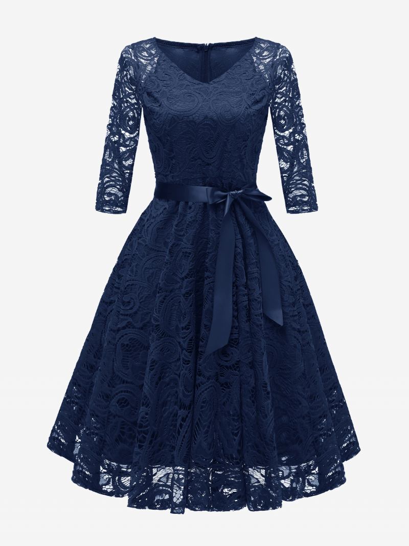 Vestido Feminino Renda Vintage Com Decote Em V Arcos Curto Festa Cor Sólida - Marinho Escuro