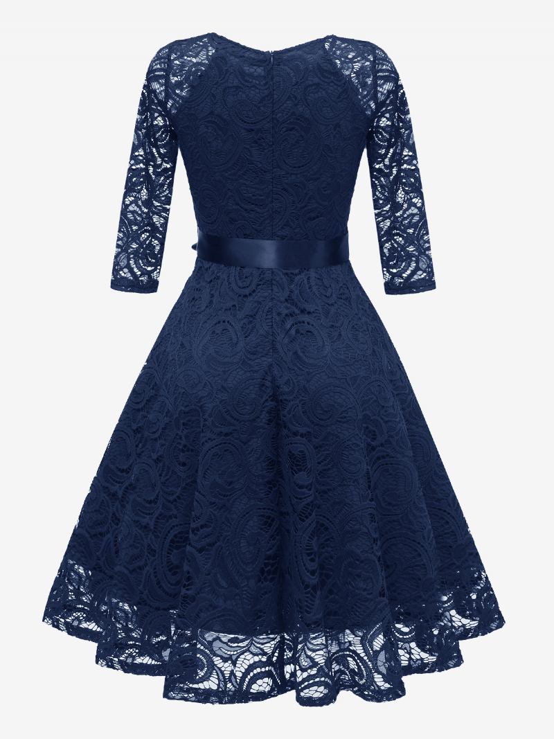 Vestido Feminino Renda Vintage Com Decote Em V Arcos Curto Festa Cor Sólida - Marinho Escuro