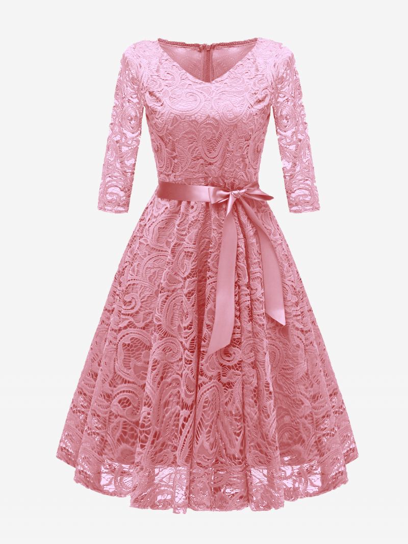 Vestido Feminino Renda Vintage Com Decote Em V Arcos Curto Festa Cor Sólida - Rosa