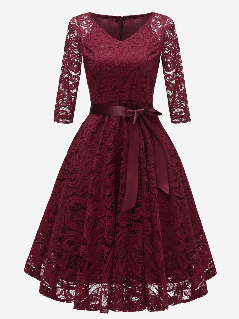 Vestido Feminino Renda Vintage Com Decote Em V Arcos Curto Festa Cor Sólida - Borgonha