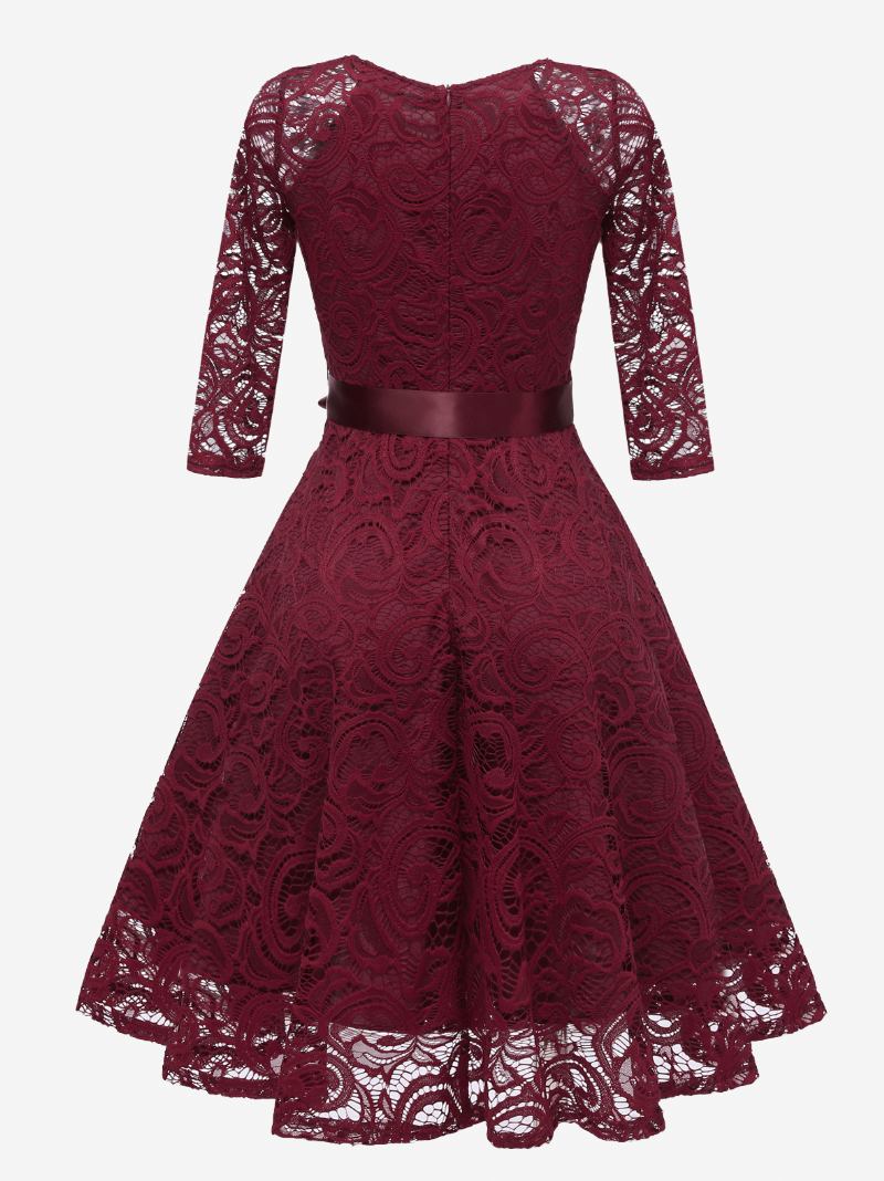 Vestido Feminino Renda Vintage Com Decote Em V Arcos Curto Festa Cor Sólida - Borgonha