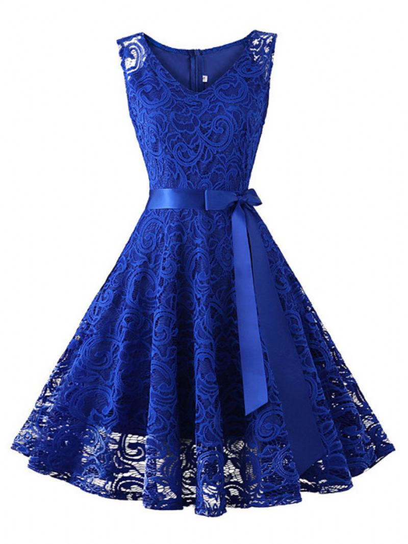 Vestido Feminino Renda Vintage Dos Anos 1950. Curto Sem Mangas Com Gola Redonda - Azul