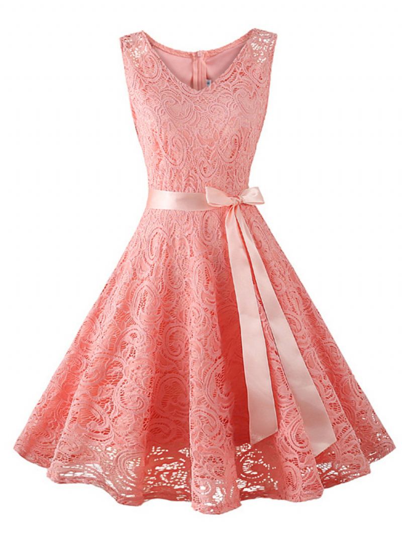 Vestido Feminino Renda Vintage Dos Anos 1950. Curto Sem Mangas Com Gola Redonda - Rosa