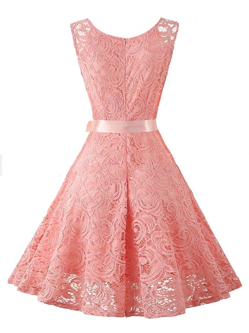 Vestido Feminino Renda Vintage Dos Anos 1950. Curto Sem Mangas Com Gola Redonda - Rosa