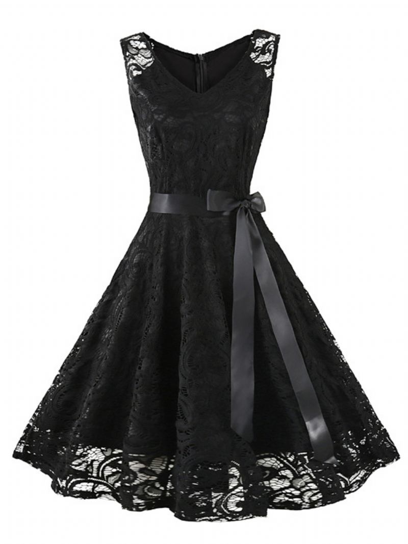 Vestido Feminino Renda Vintage Dos Anos 1950. Curto Sem Mangas Com Gola Redonda - Preto