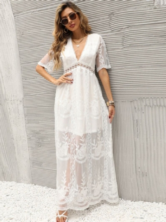 Vestido Longo Branco Feminino Renda Sexy Decote Em V Manga Curta Vestidos Maxi Boho