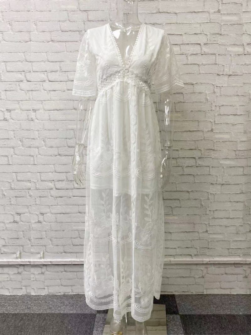 Vestido Longo Branco Feminino Renda Sexy Decote Em V Manga Curta Vestidos Maxi Boho - Branco