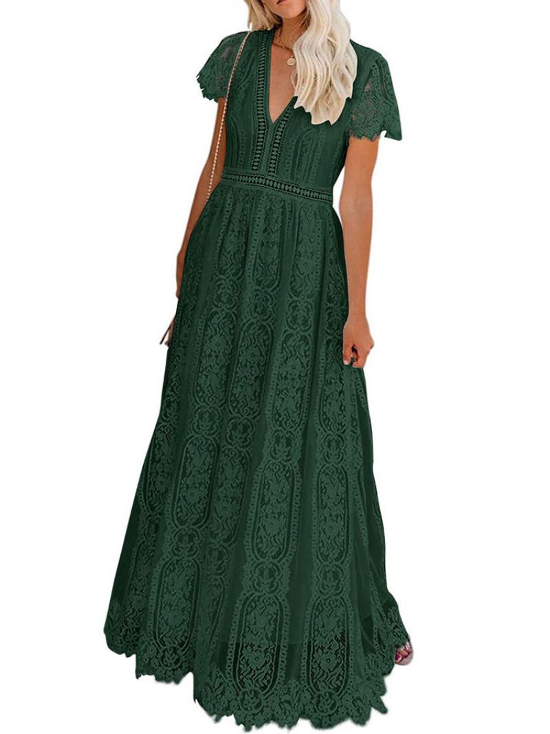 Vestido Maxi Feminino Com Decote Em V Manga Curta Longo Casual - Verde Escuro