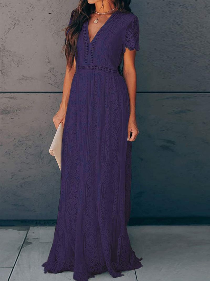 Vestido Maxi Feminino Com Decote Em V Oco Manga Curta Casual Vestidos Longos Verão - Roxo