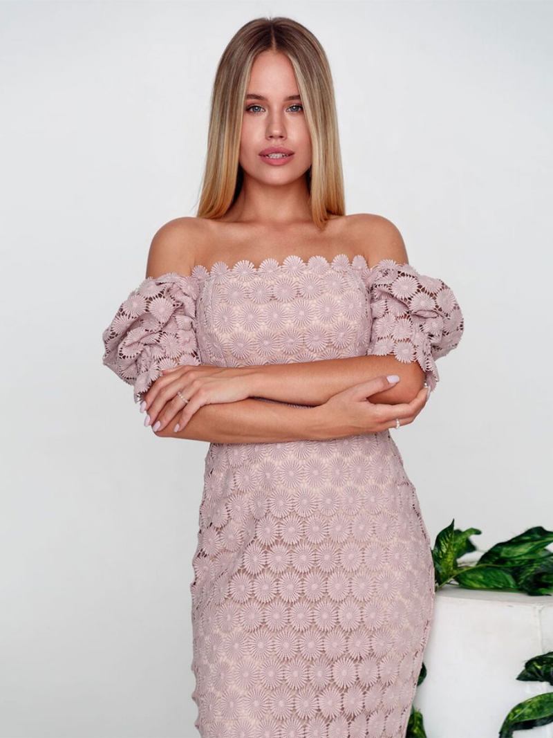 Vestido Midi Feminino Sexy Renda Com Gola Quadrada E Manga Curta - Rosa