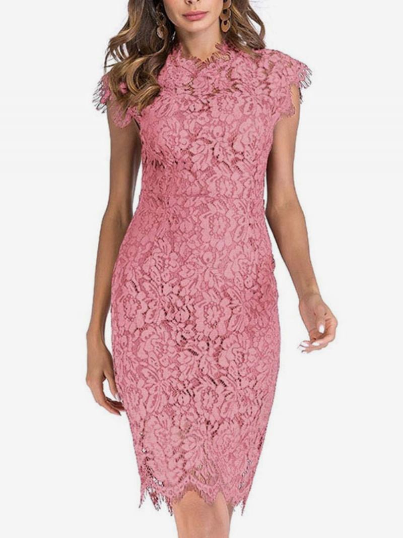 Vestidos Bodycon Aniversário Feminino Rosa Sem Mangas Decote Projetado Vestido Midi Bainha Lápis Casual - Rosa