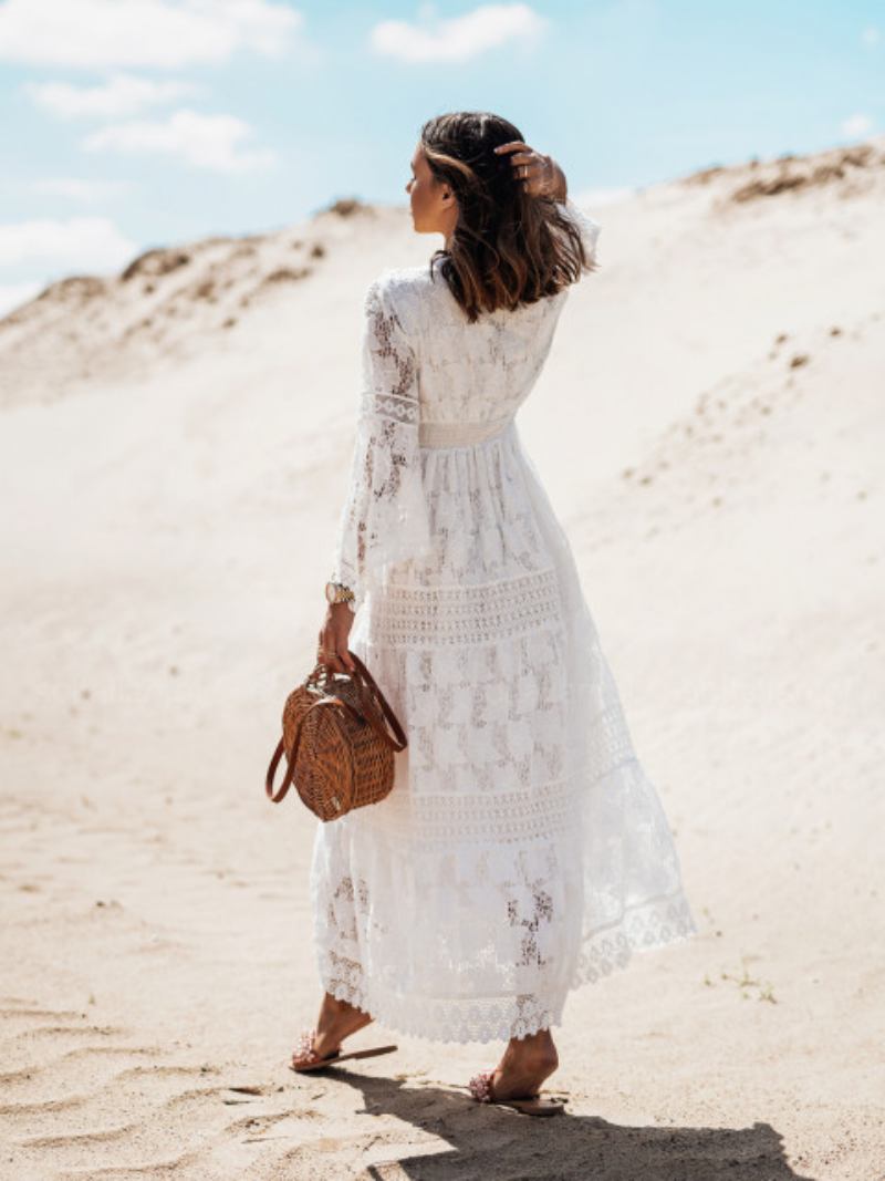 Vestidos Boêmios Com Decote Em V Mangas Compridas Vestido Longo Renda Para Mulheres - Branco