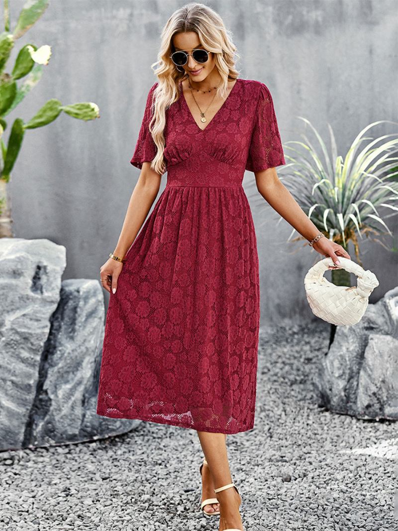 Vestidos Femininos Em Camadas Casuais Com Decote V E Mangas Curtas Renda - Vermelho