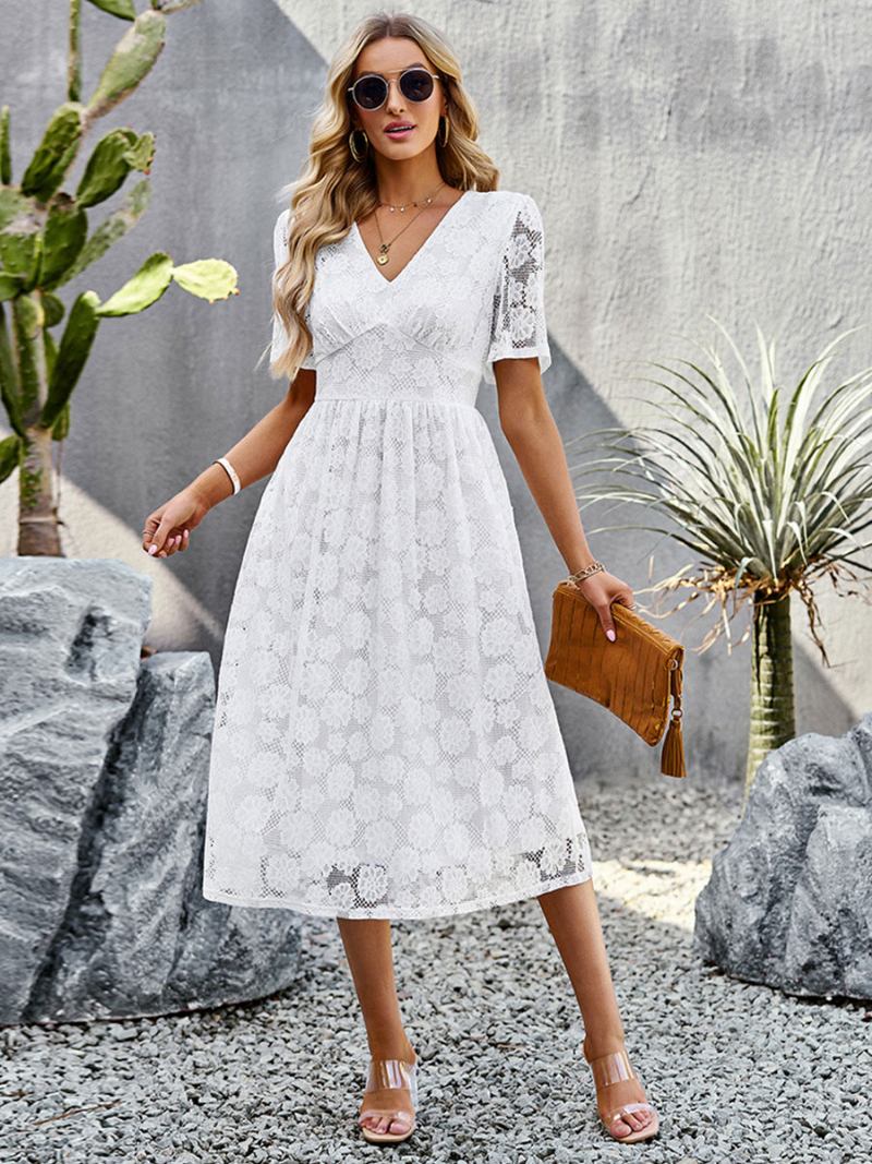 Vestidos Femininos Em Camadas Casuais Com Decote V E Mangas Curtas Renda - Branco