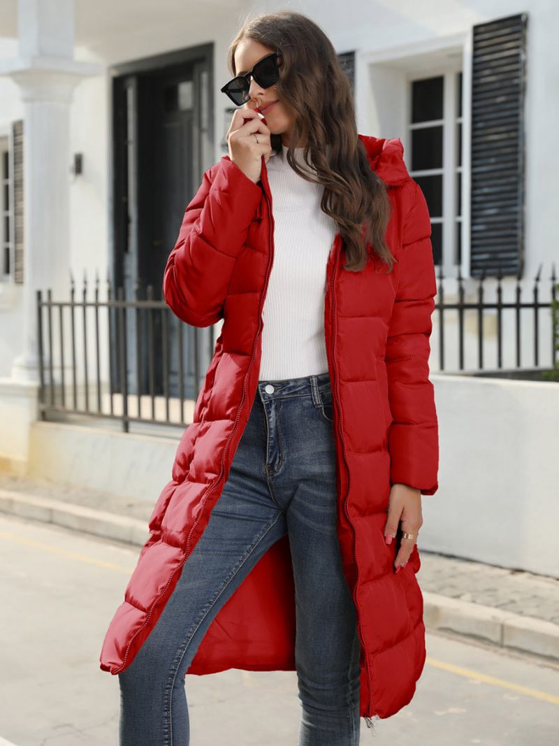 Casaco Algodão Para Mulheres Com Zíper Sólido Longo E Fino Parkas Capuz - Vermelho