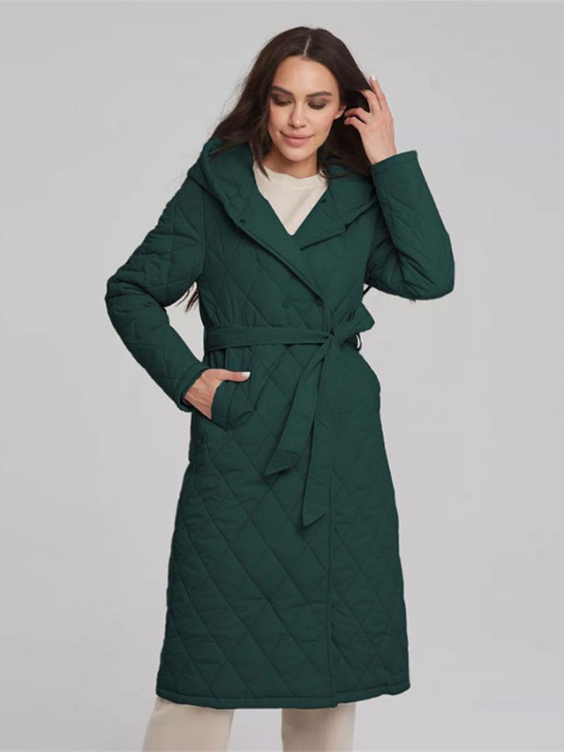 Casaco Feminino Acolchoado Comprimento Médio Com Capuz Cinto Clássico Inverno - Verde