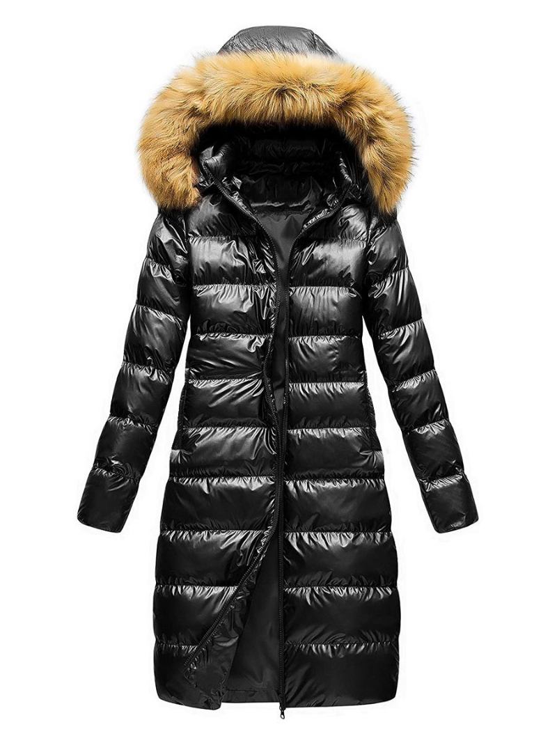 Casaco Feminino Preto Puffer Pele Sintética Com Capuz Inverno