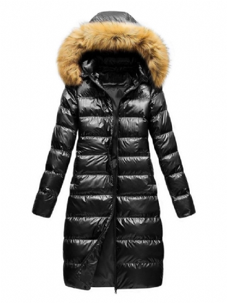 Casaco Feminino Preto Puffer Pele Sintética Com Capuz Inverno