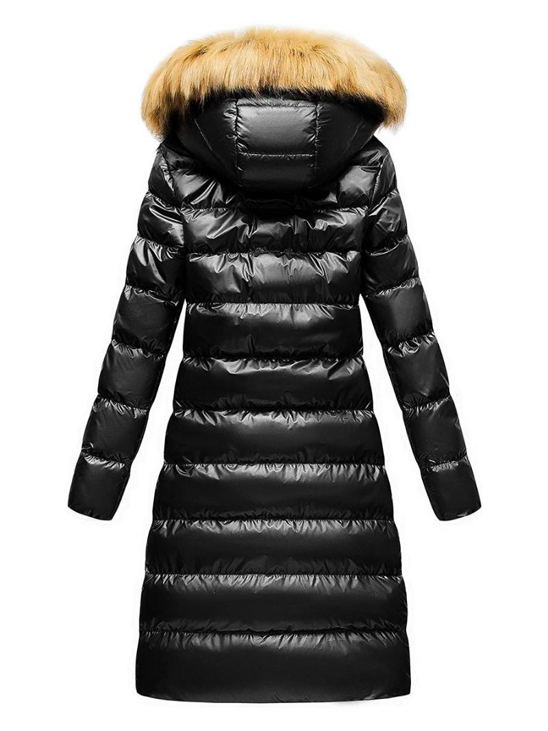 Casaco Feminino Preto Puffer Pele Sintética Com Capuz Inverno - Preto