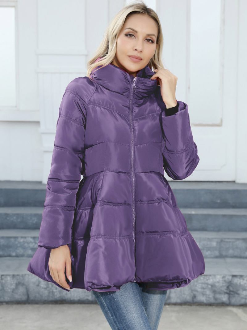 Casaco Inverno Para Mulheres Com Gola E Bolsos Zíper - Roxo