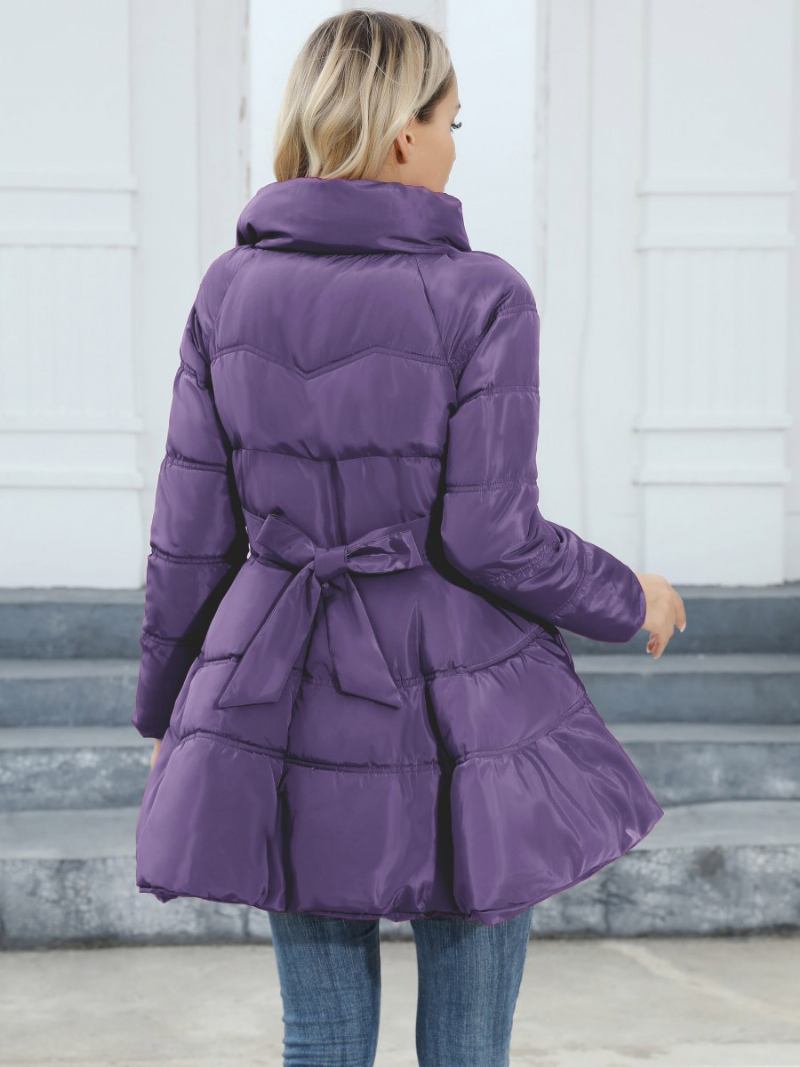 Casaco Inverno Para Mulheres Com Gola E Bolsos Zíper - Roxo