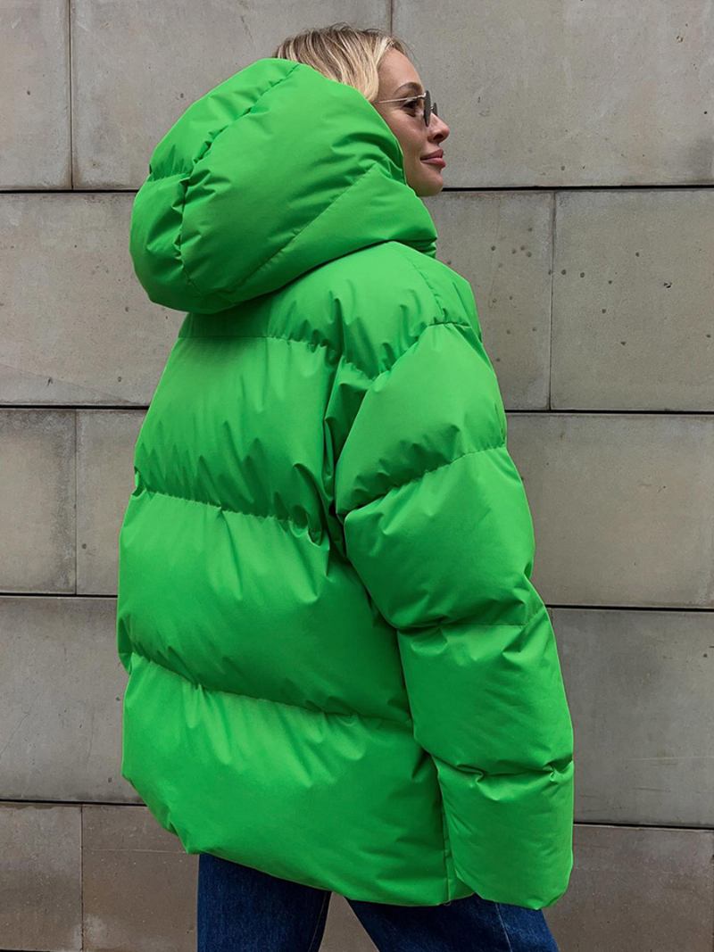 Casaco Puffer Com Capuz Zíper Cor Sólida Agasalhos Grandes Para Mulheres - Verde