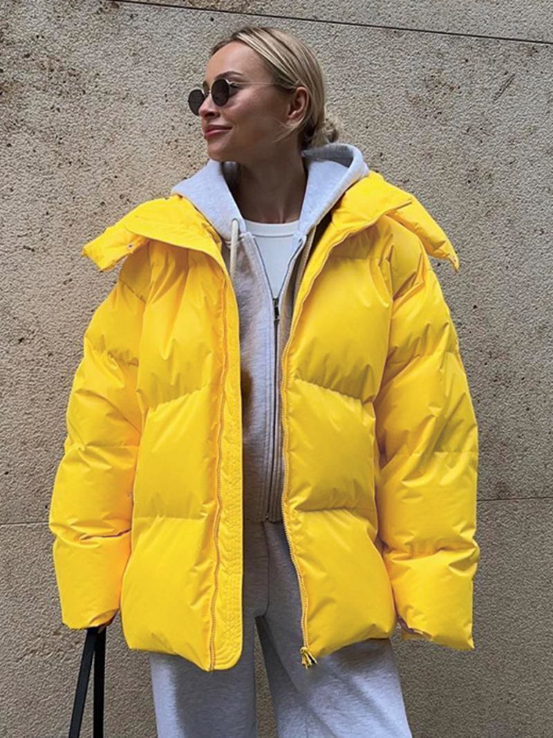 Casaco Puffer Com Capuz Zíper Cor Sólida Agasalhos Grandes Para Mulheres - Amarelo