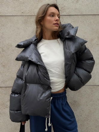 Casaco Puffer Feminino Com Capuz Botão Frontal Cor Sólida Oversized Inverno Outerwear