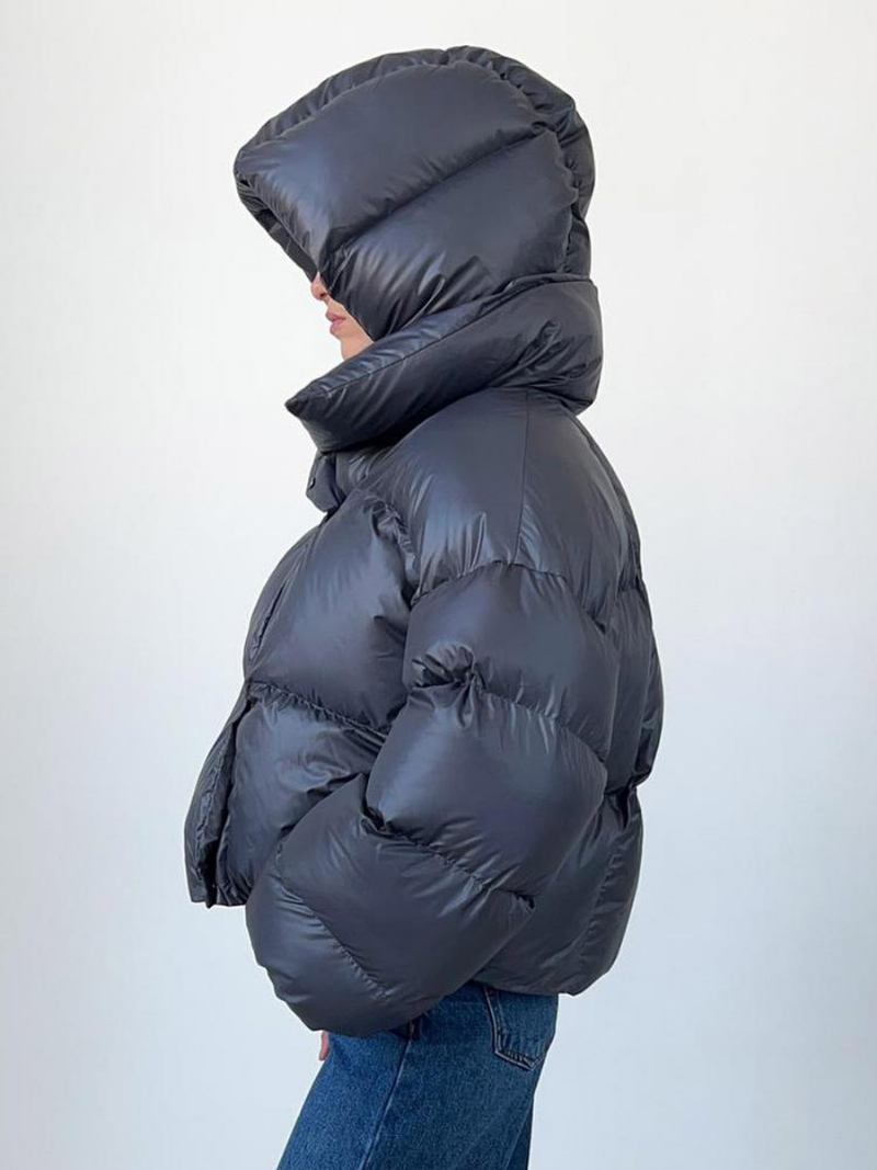 Casaco Puffer Feminino Com Capuz Botão Frontal Cor Sólida Oversized Inverno Outerwear - Cinza Profundo 