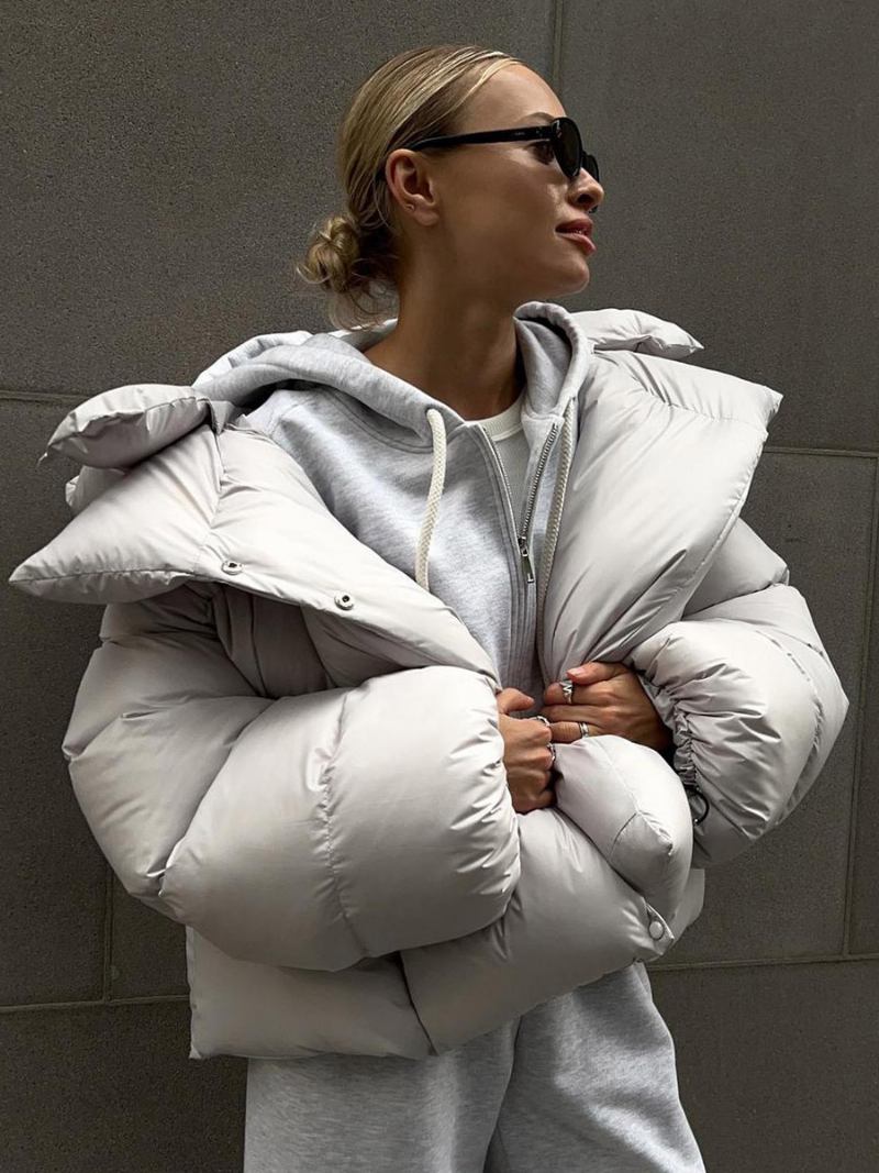 Casaco Puffer Feminino Com Capuz Botão Frontal Cor Sólida Oversized Inverno Outerwear -  Cinza Claro