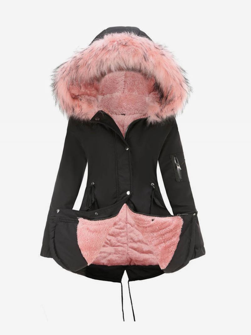 Casacos Inverno Femininos Rosa Médio Cordão Com Capuz Botão Frontal Mangas Compridas Dois Tons Casual Casaco Outerwear - Rosa