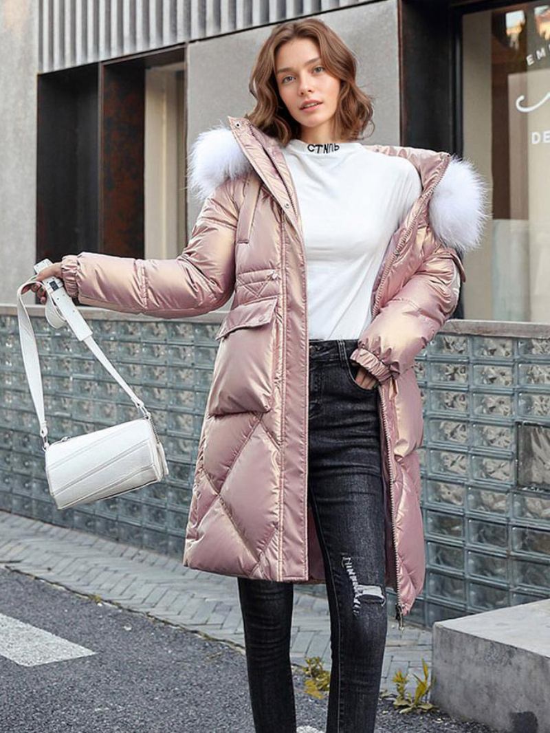 Casacos Puffer Femininos Com Gola Pele Sintética Engrossam Longos Inverno - Rosa