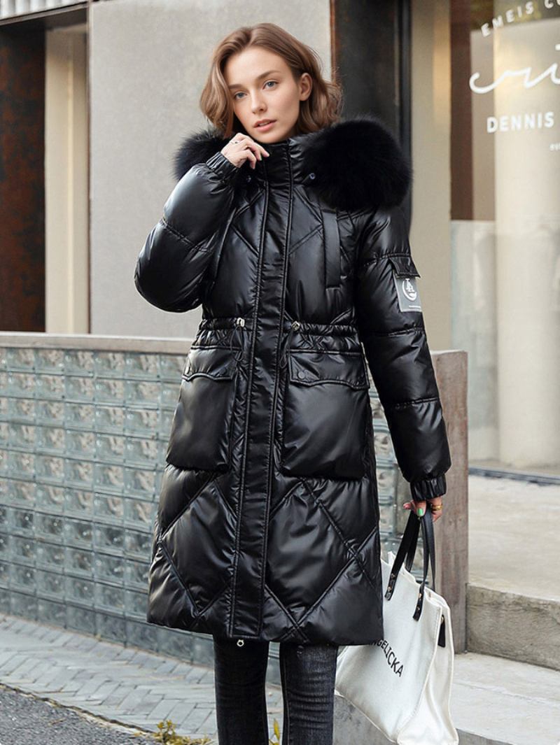 Casacos Puffer Femininos Com Gola Pele Sintética Engrossam Longos Inverno - Preto