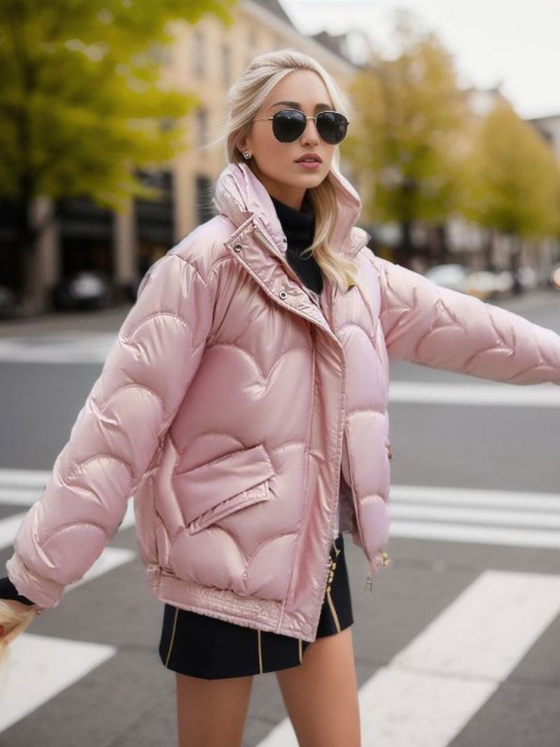 Casacos Puffer Femininos Gola Com Zíper Mangas Compridas Inverno - Rosa