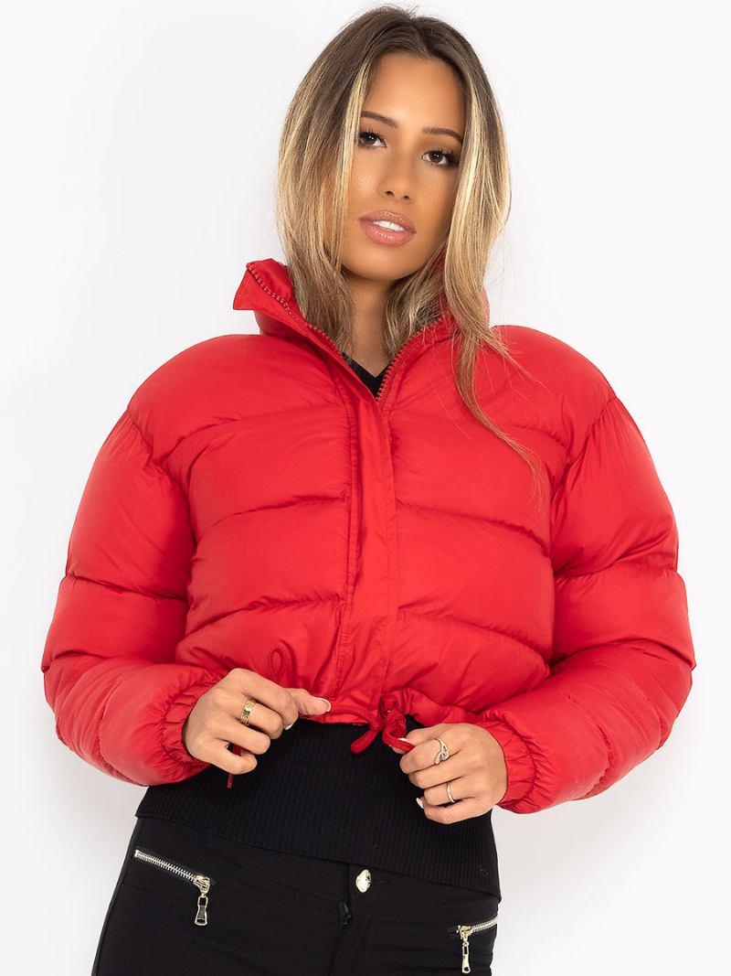 Casacos Puffer Femininos Marrom Profundo Gola Com Zíper Mangas Compridas Cordão - Vermelho