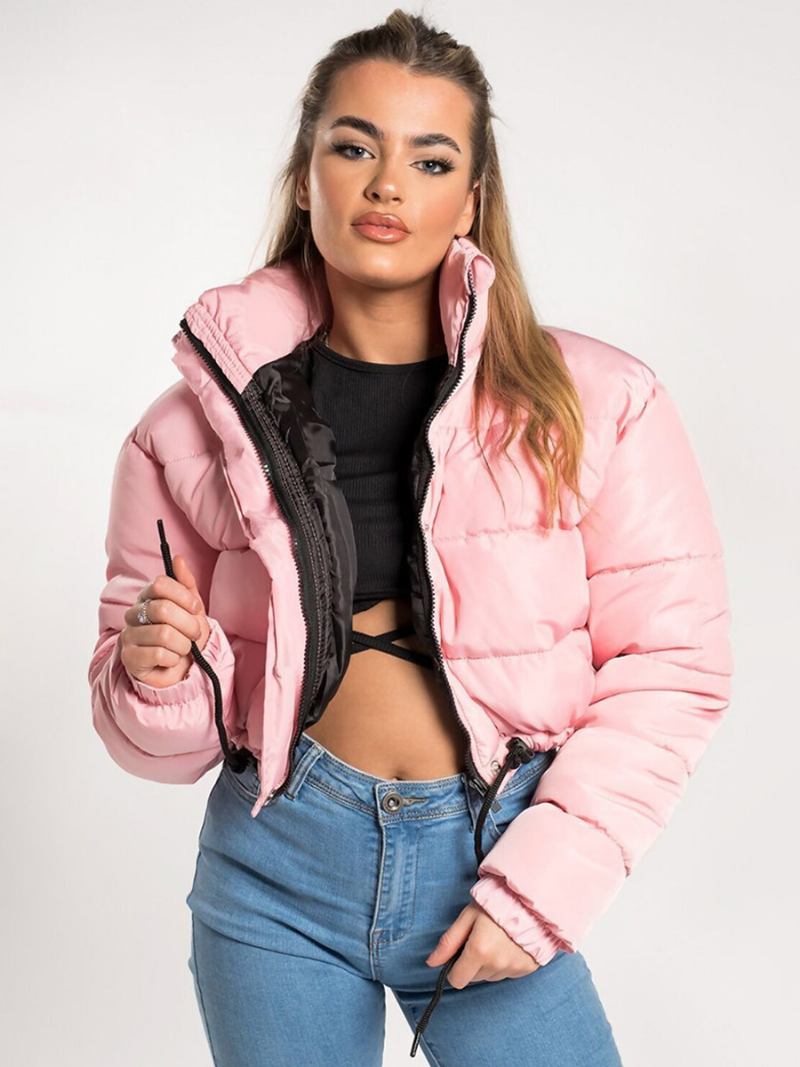 Casacos Puffer Femininos Marrom Profundo Gola Com Zíper Mangas Compridas Cordão - Rosa