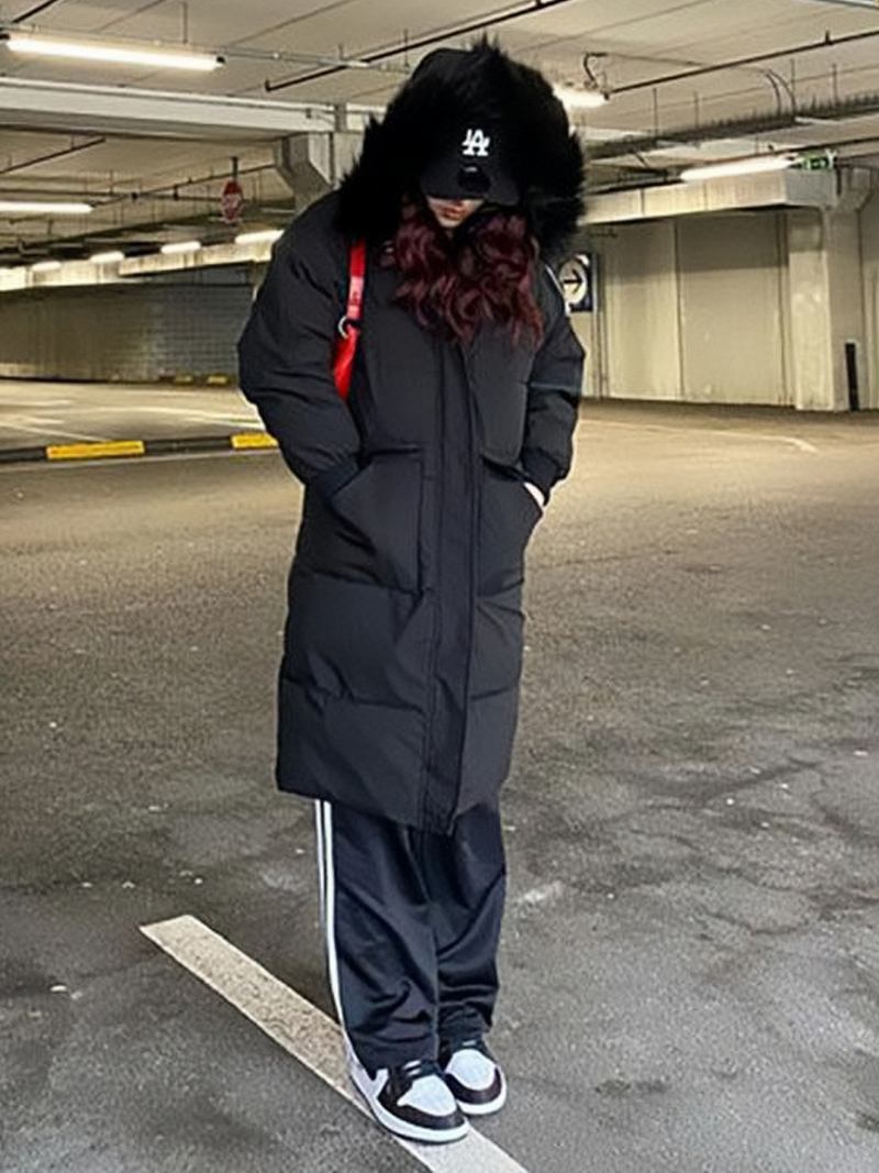 Casacos Puffer Para Mulheres Ecru Branco Engrossar Inverno - Preto