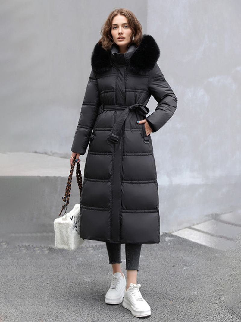 Casacos Puffer Para Mulheres Gola Pele Sintética Longo Inverno - Preto