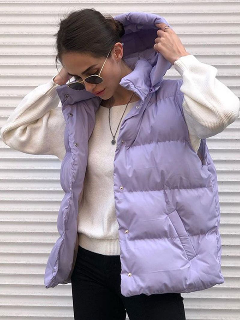 Colete Puffer Feminino Com Capuz Gola Engrossar Casacos Inverno - Roxo