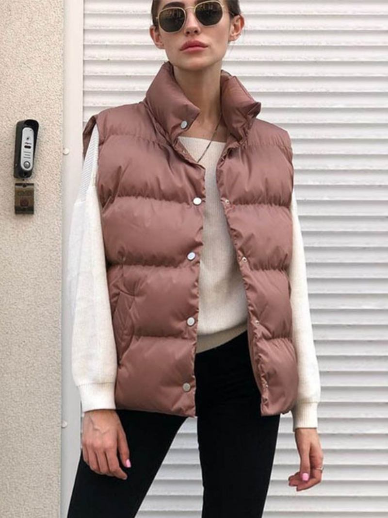 Colete Puffer Feminino Com Capuz Gola Engrossar Casacos Inverno - Castanho Café