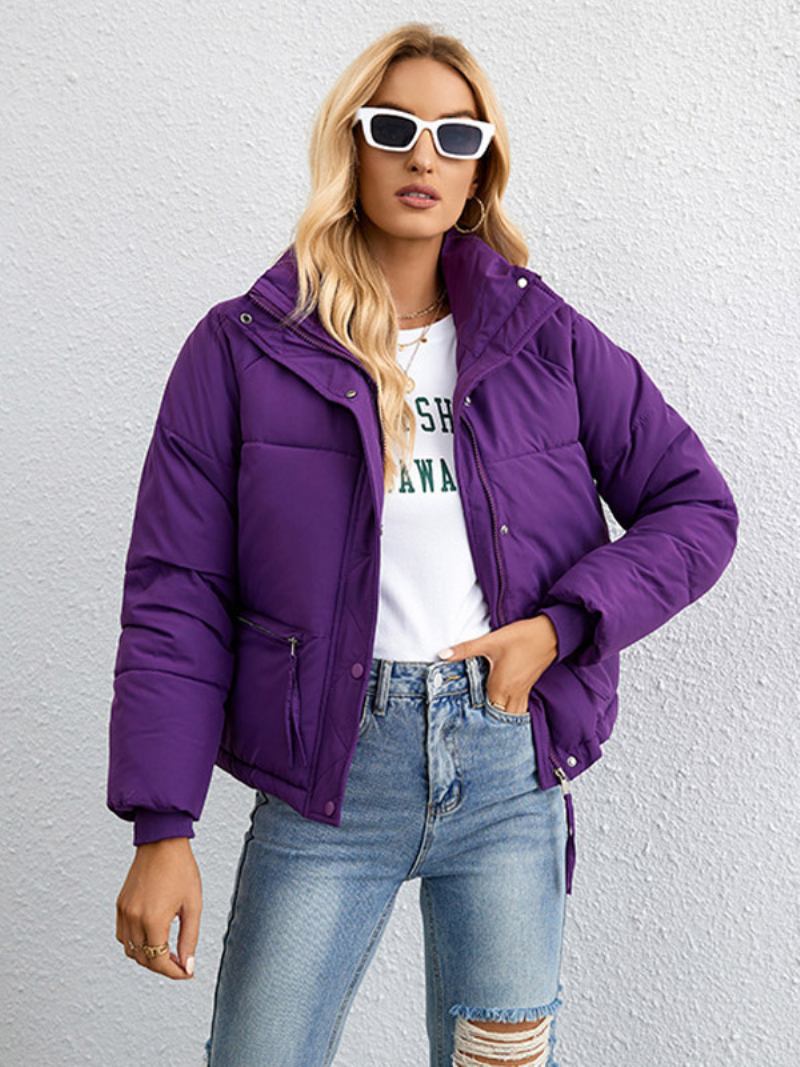 Jaqueta Acolchoada Algodão Com Gola Casual Inverno Para Mulheres - Roxo