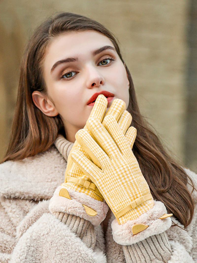 A Xadrez Curva As Senhoras Curtas Aquece Luvas Aquecidas Do Inverno Para Mulheres - Amarelo