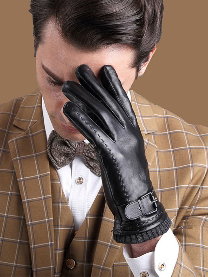 Luvas Curtas Impermeáveis Couro Inverno Aquecido Quente Masculino - Preto