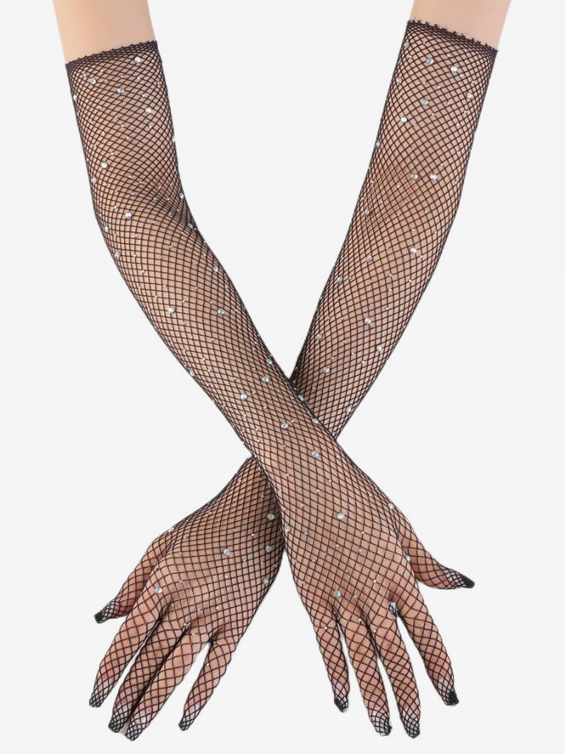 Luvas Longas Malha Strass Bling Fishnet Para Mulheres