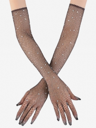 Luvas Longas Malha Strass Bling Fishnet Para Mulheres