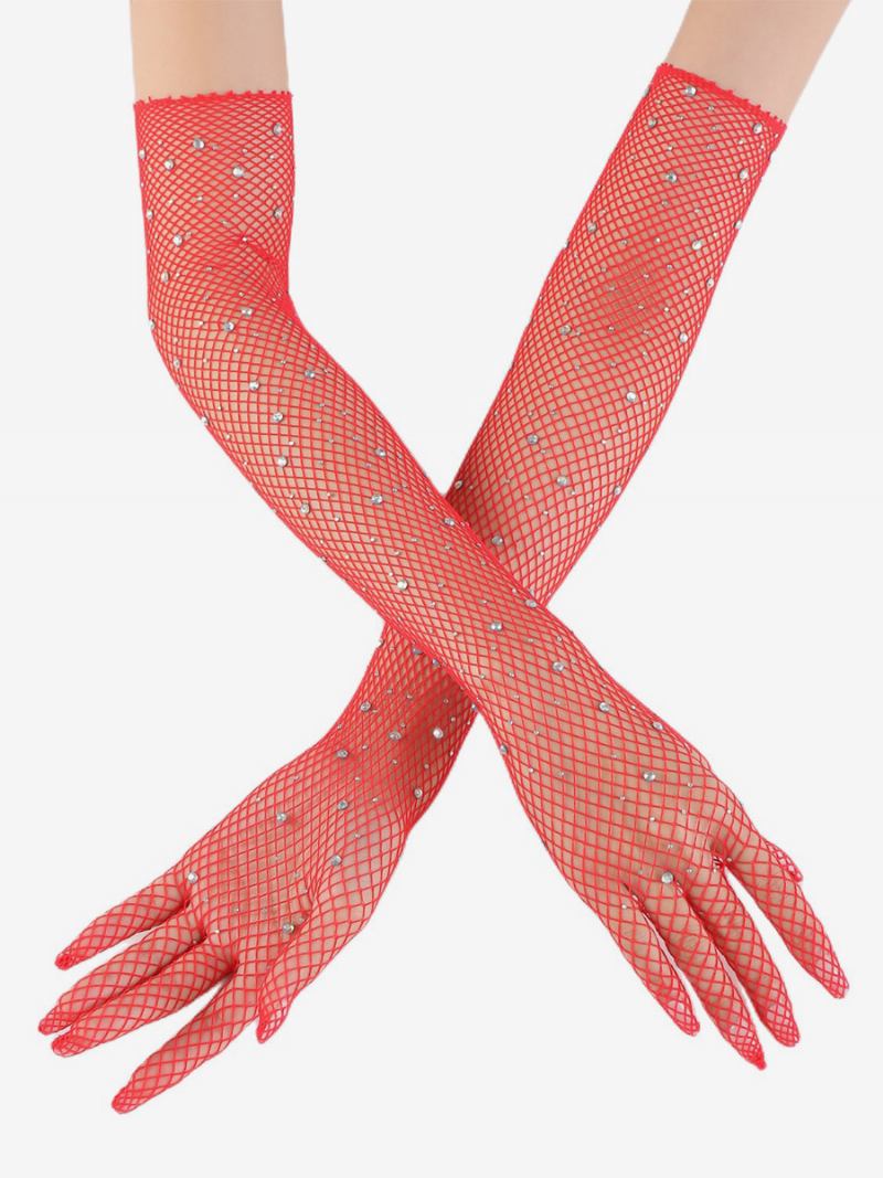 Luvas Longas Malha Strass Bling Fishnet Para Mulheres - Vermelho