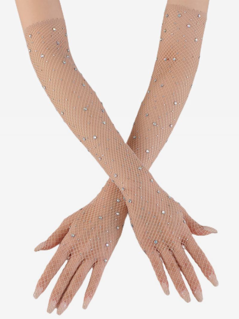 Luvas Longas Malha Strass Bling Fishnet Para Mulheres - Bege