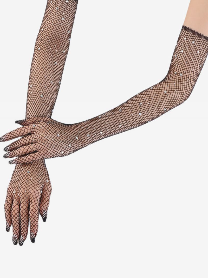 Luvas Longas Malha Strass Bling Fishnet Para Mulheres - Preto