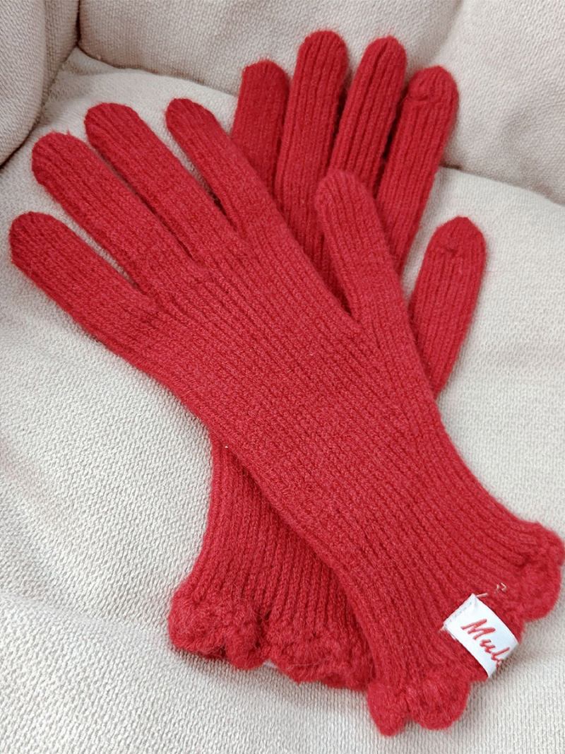 Luvas Malha Com Nervuras Cor Sólida Outono Inverno Para Mulheres - Vermelho