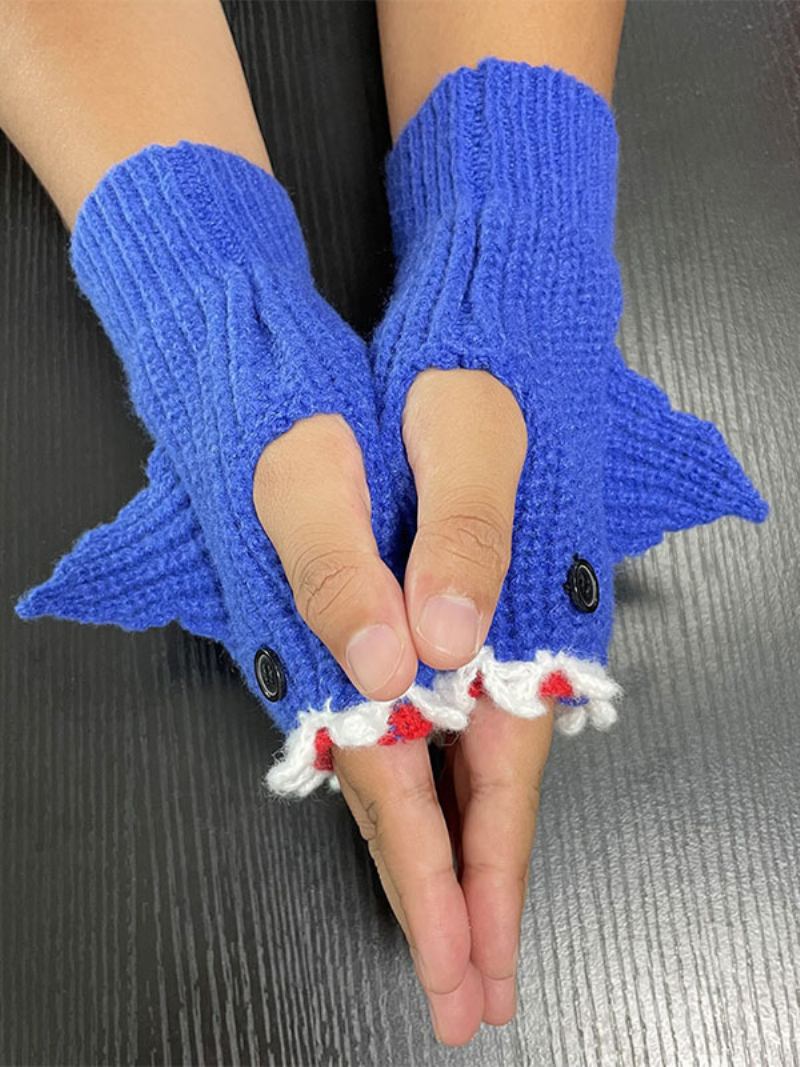 Luvas Para Mulheres Estampa Animal Crochê Formato Tubarão Sem Dedos Casa Usar Inverno Quente Fofo Acc -  Azul